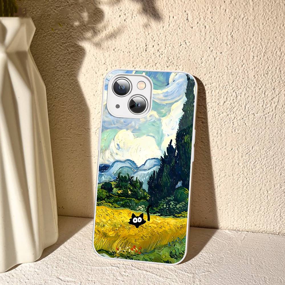Black Cat Van Gogh Tempered Glass For Iphone 14 13 12 11 Pro Mini XS MAX 14Plus X XS XR Cover