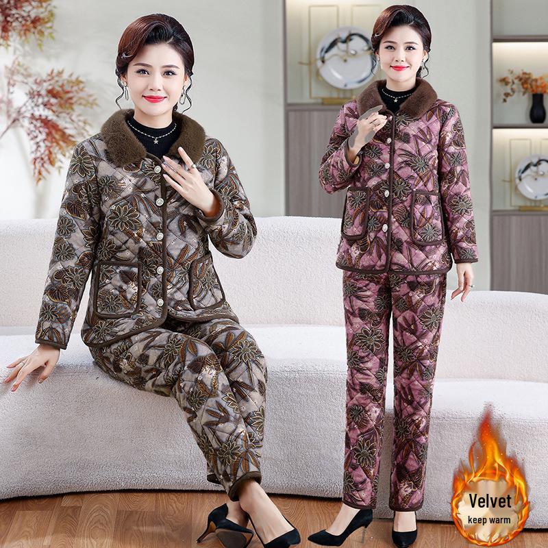 Chic Winter Cotton Outfit: Velvet-Lined Jacket & Pants Set for Middle-Aged and Elderly Women