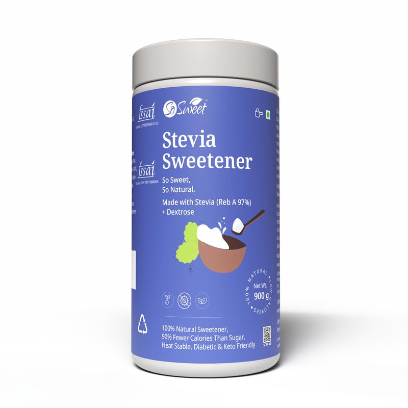 So Sweet Stevia Powder, Sugar-Free Sweetener, 900gm, Keto Friendly, Zero Calorie, Safe for Diabetics, Perfect for Cooking, Baking, and Sweetening,