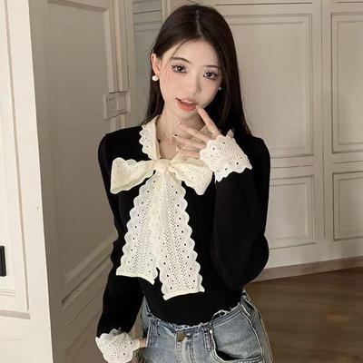 French Ribbed Lace Trim Slimming Top: Chic Autumn/Winter Base Shirt