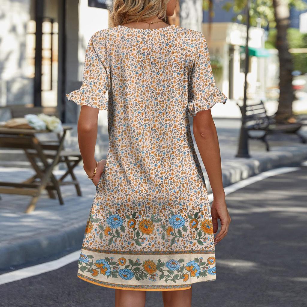 Women A Line Sun Dress Short Sleeve V Neck Printed Dress With Pockets