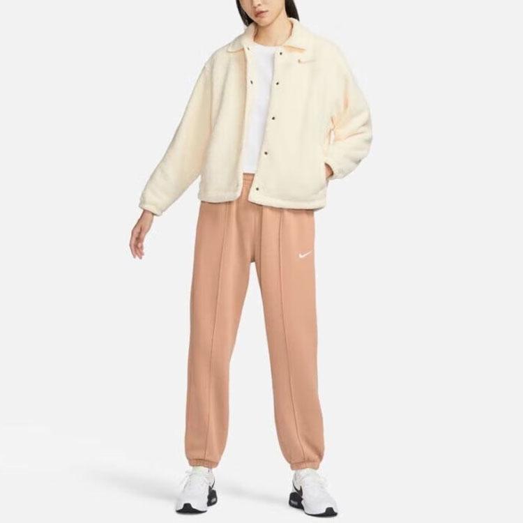 Nike Solid Color Logo Single-Breasted Casual Jacket Women Jackets Beige FB8708-113