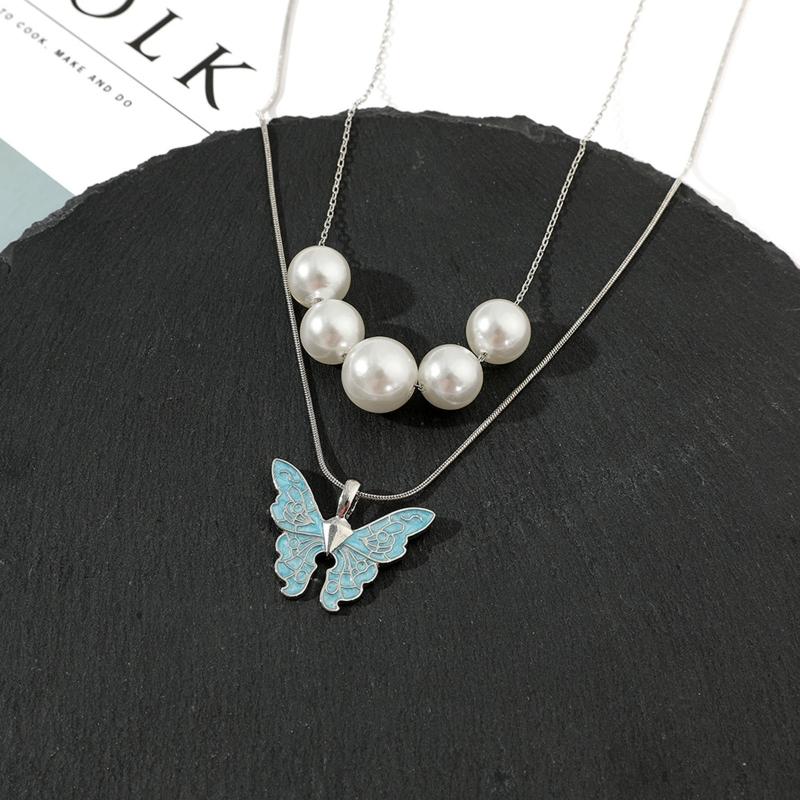 Gold Silver Chain Women for Butterfly Pearl Necklace Double Choker Chains Jewelry Girl Fashion Butterflies Pendant Gift