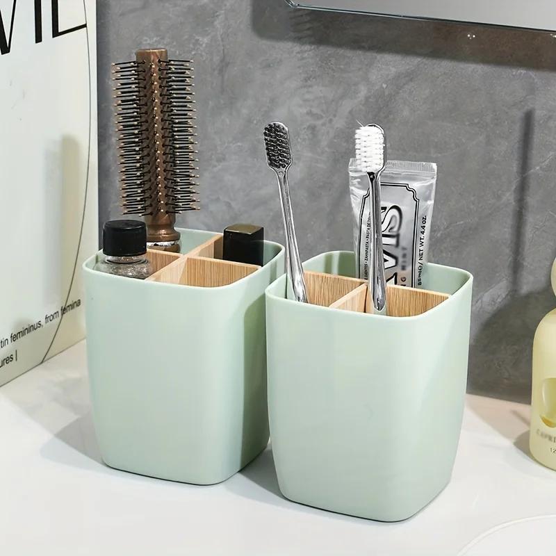 1 st Bambu förvaringslåda med 3 fack Plast kontorsorganisatör Förvaring för pennor och smycken Träpennställ Mångsidig låda