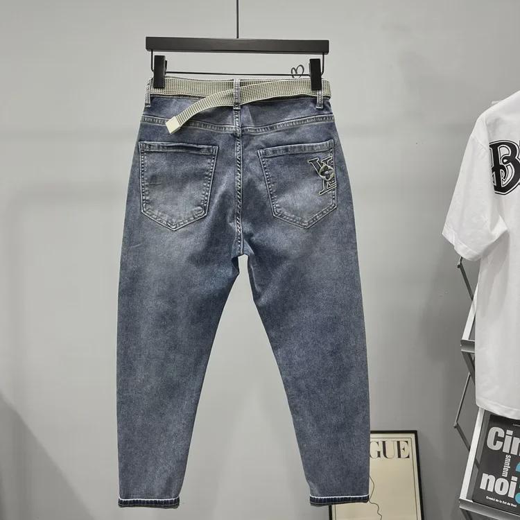 Men's Slim-Fit Light Blue Jeans with Slanted Pockets, Trendy Elastic Nine-Point Casual Pants