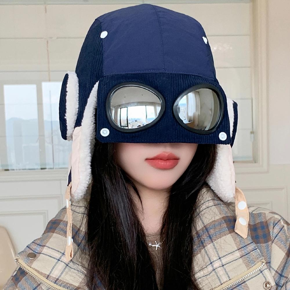 

Новые женские теплые шапки-бомберы с очками, плюшевая меховая зимняя шапка с ушками, зимняя шапка денди для женщин 56cm-60cm темно-синий