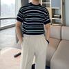 Korean Contrasting Colors T-shirts Summer Stylish Striped Round Neck Men's Casual Short Sleeve Basic Knitted Pullovers