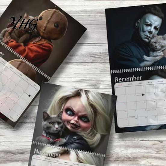 Wall Decoration for Studio 2027 Halloween Horror Movie & Cats Calendar, Creative Spiral Spooky Film Poster Bound Planner with Hanging Hole, Niche Fan