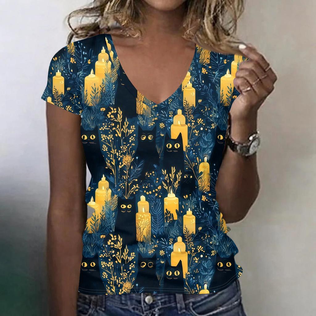 Women's V-Neck Halloween Print Blouse Lightweight Spring Summer Top