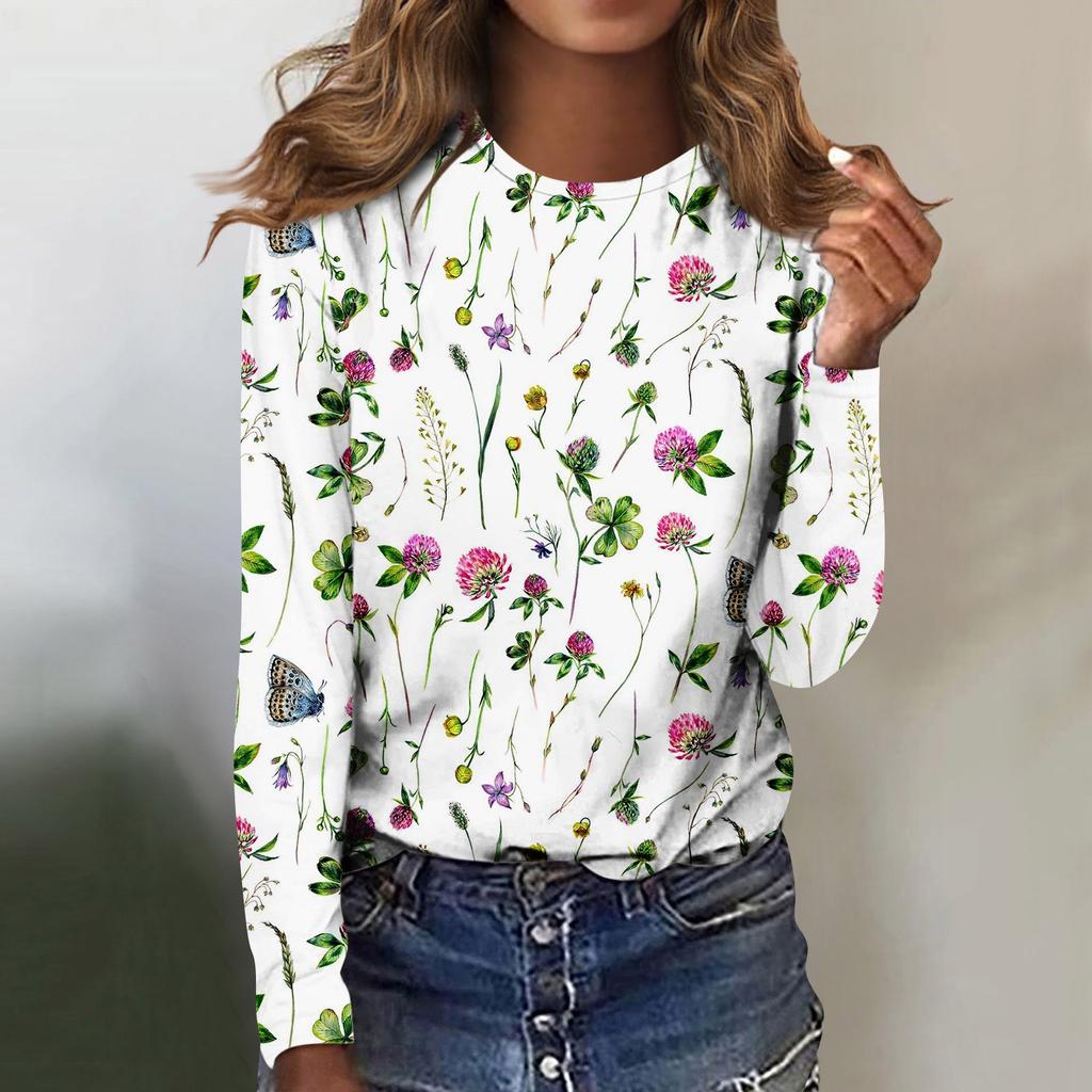 Women's Fashion Casual Long Sleeve Print Round Neck Pullover Top Blouse