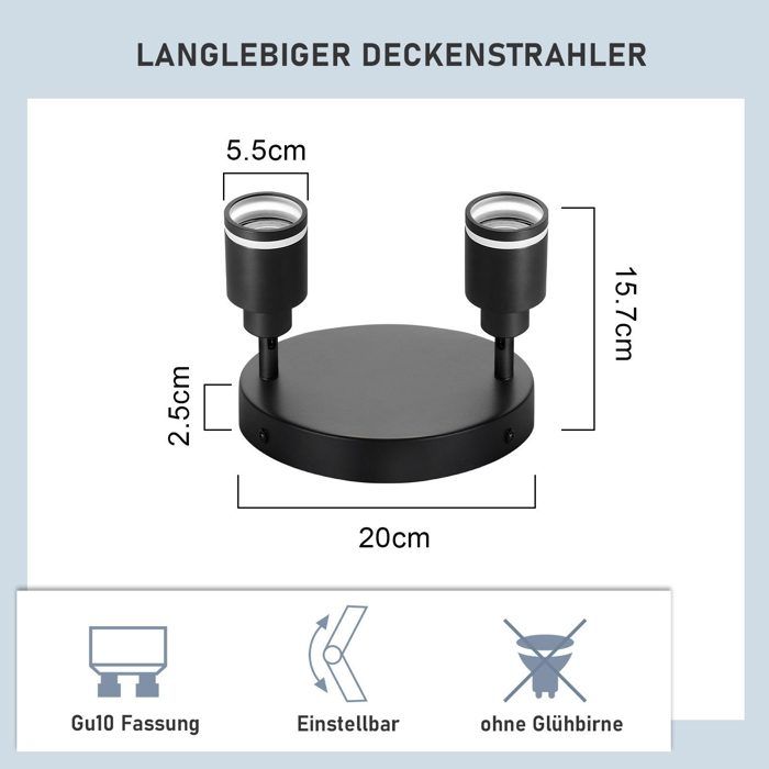 Ceiling Light - NETTLIFE - LED Ceiling Spotlight 2 Bulbs - Black - 2x GU10 Adjustable - Metal 20 Cm