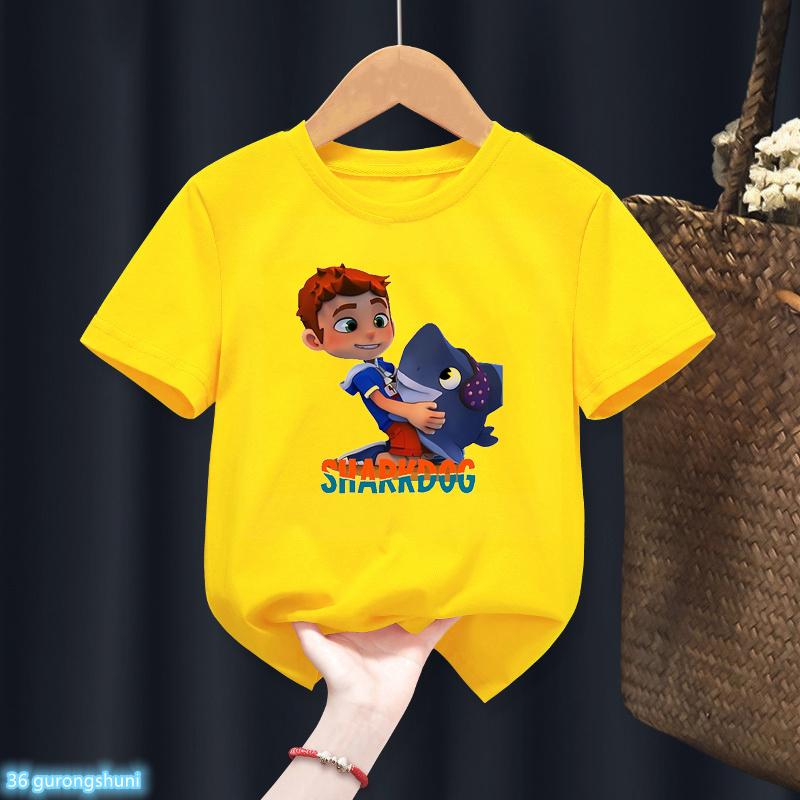 Cute Boys Girls Kawaii Sharking with Sharkdog Cartoon Print Children'S Tshirt Summer Baby Clothes White Short Sleeve Tops