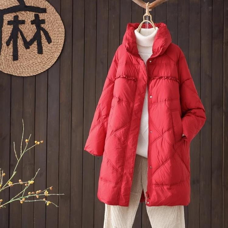 Literary and retro large size white duck down jacket winter new stand-up collar thickened warm medium and long coat coat