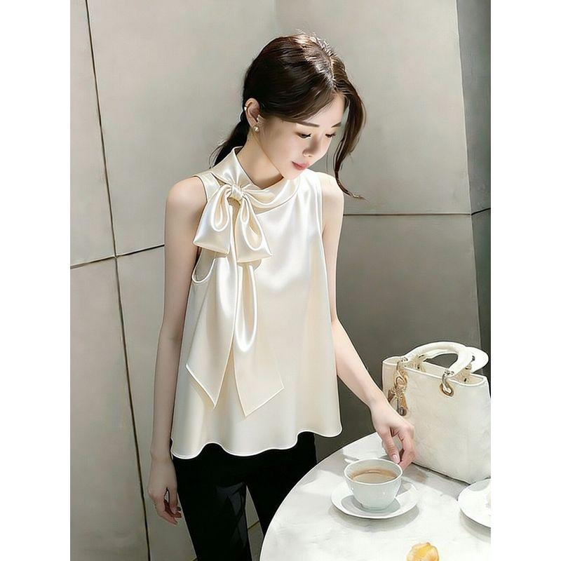 2026 Summer New Style Elegant High-End Champagne Apricot Satin Shirt French Style Sleeveless Top for Important Occasions