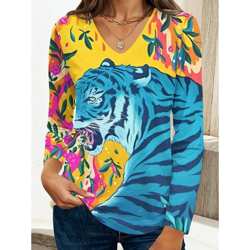 Autumn Women's 3D Printed V-Neck Long Sleeve T-Shirt