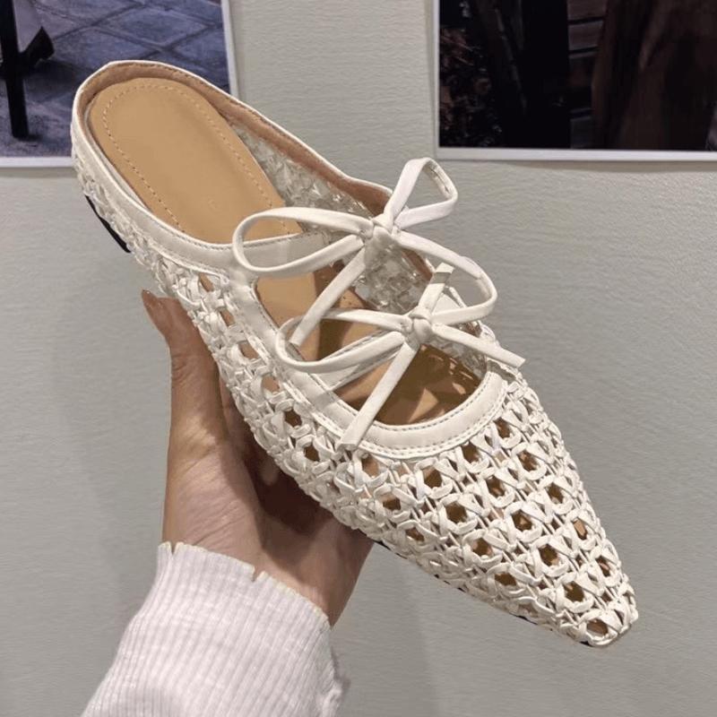 Women Weave Slippers Lace Up Flats Sandals Woman Shoes Summer Trend 2025 New Bow Shallow Slides Walking Cozy Zapatillas De Mujer