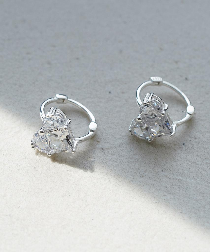 Alleun Silver 925 King Heart Cubic One-Touch Silver Ring Earrings