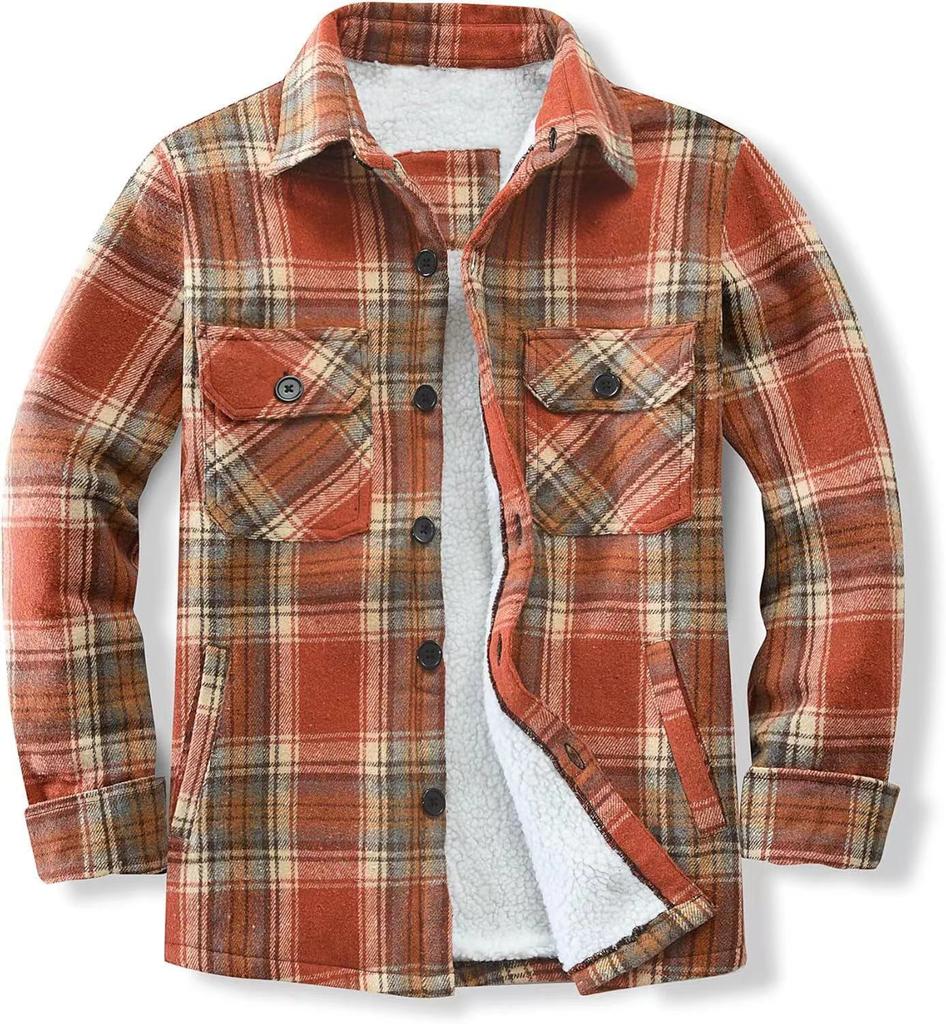 Men's Jacket Fleece Long-sleeved Lapel Plaid Shirt Men's Cotton Jacket