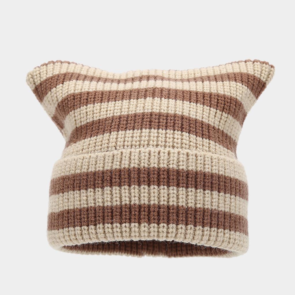 Autumn Winter Korean Knit Hat With Cat Ears And Wind Resistance For Daily Wear KhakiMint