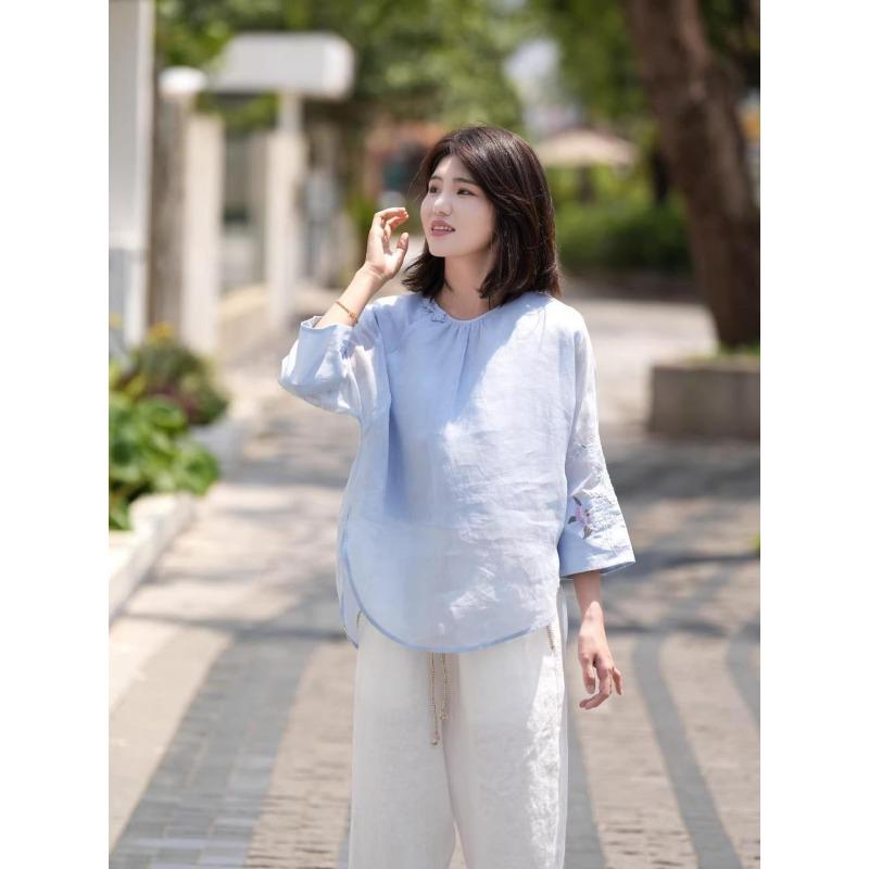 National Style Summer New Cotton and Linen Light and Breathable Shirt Top Sun Protection Embroidered Chinese Style Literary