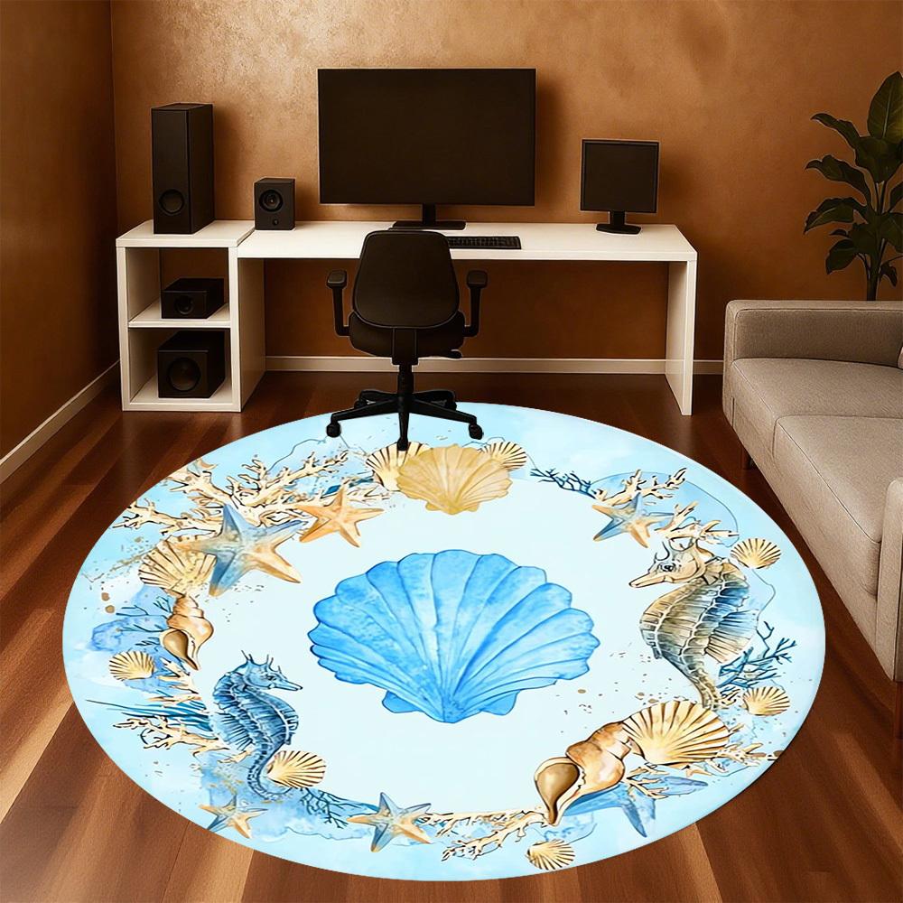 1pc Seashells, Oceanic Round Chair mat Area Rug - Non-Slip, Floor Mat for Office, Bedroom, home decor Christmas Gift p0811070