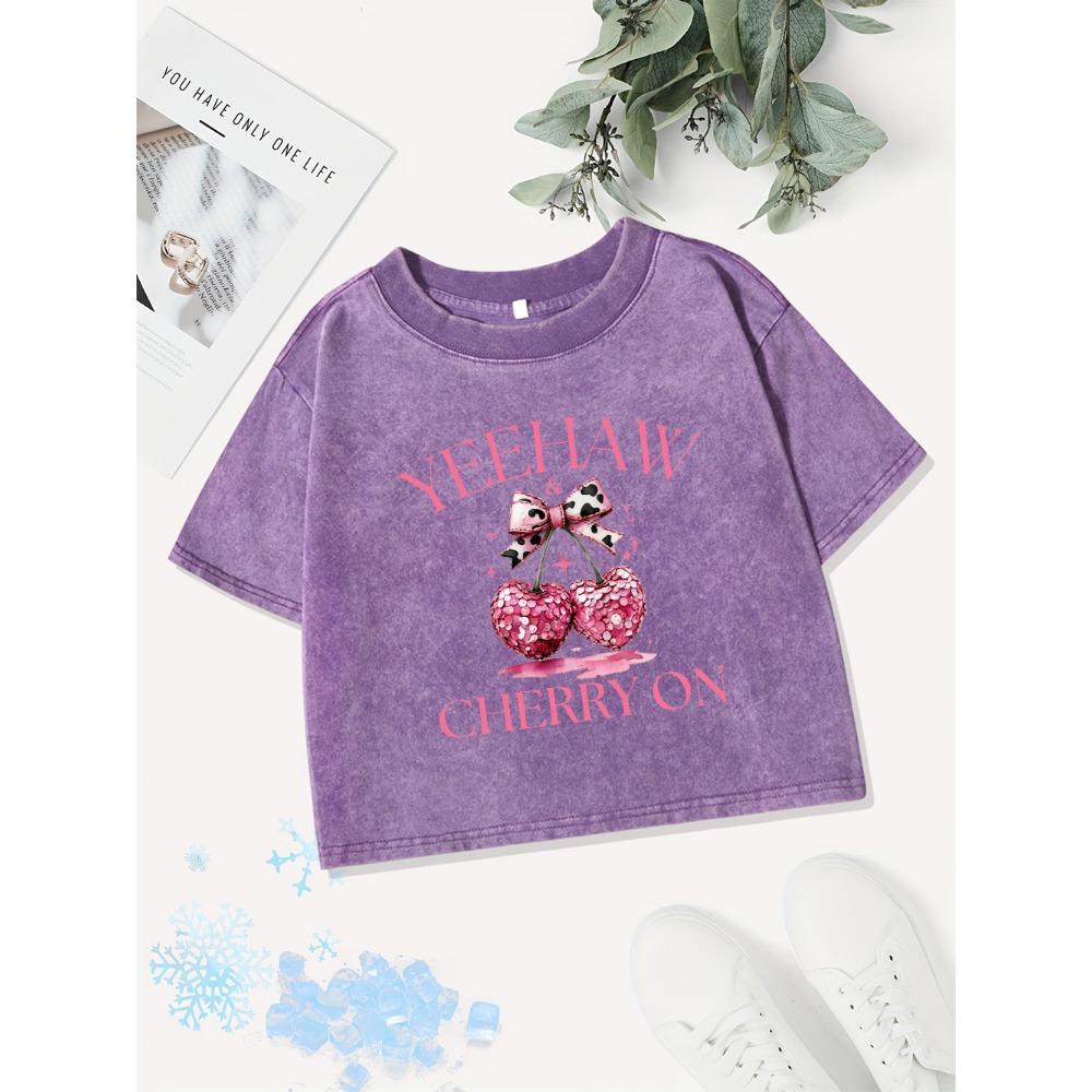 Summer Cotton Crop Tops Womens Pink Bow Cherryprints Washed T-Shirts Distressed Regular Fit O-Neck Streetwear Clothes