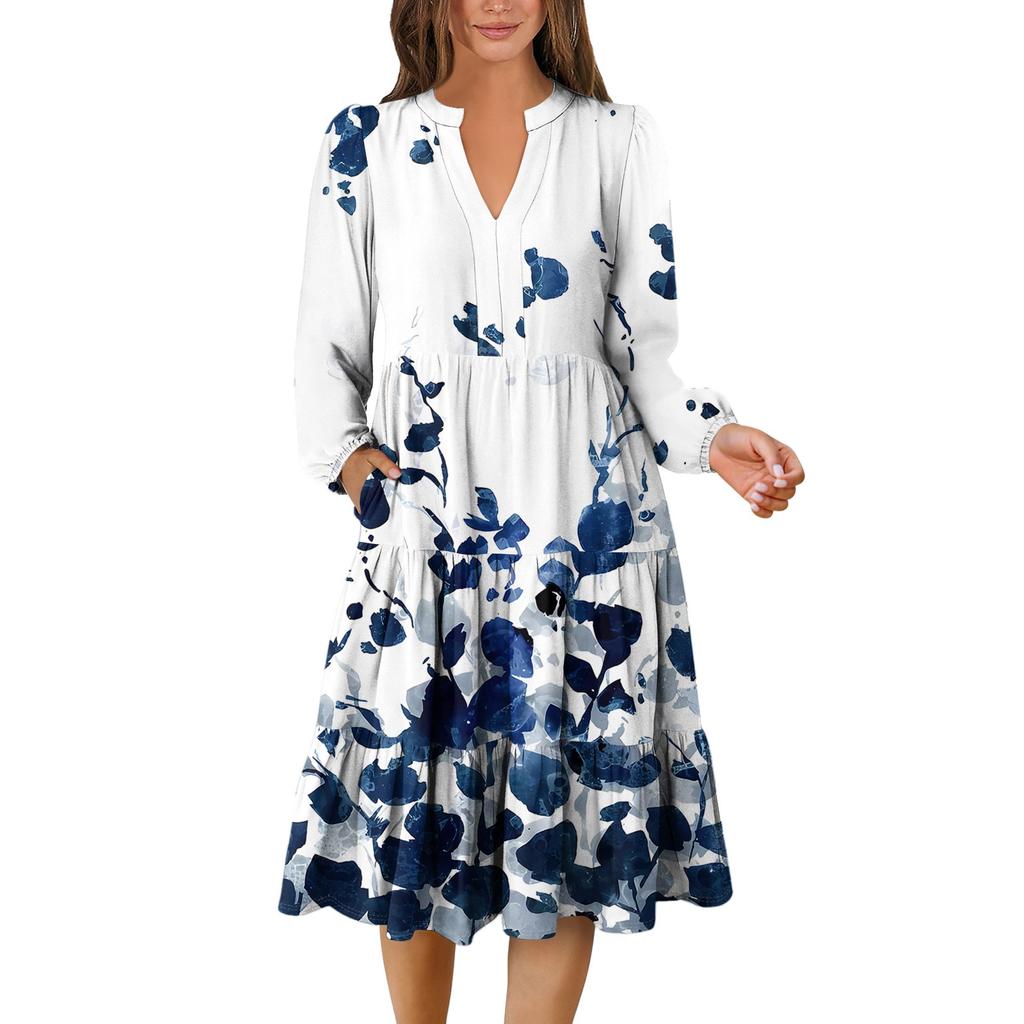 Women's V-Neck Flowing Layered Bohemian Long Sleeve Floral Print Dress