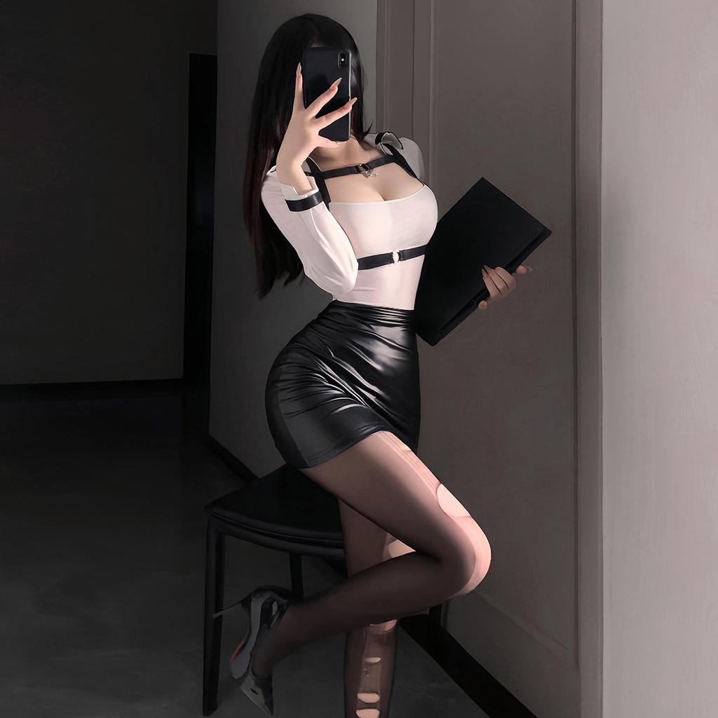 Sexy Secretary Office Lady OL Teacher Uniform Sheer Mesh Shirt Skirt Strap Outfit Cosplay Costume Temptation Exotic Mini Dress