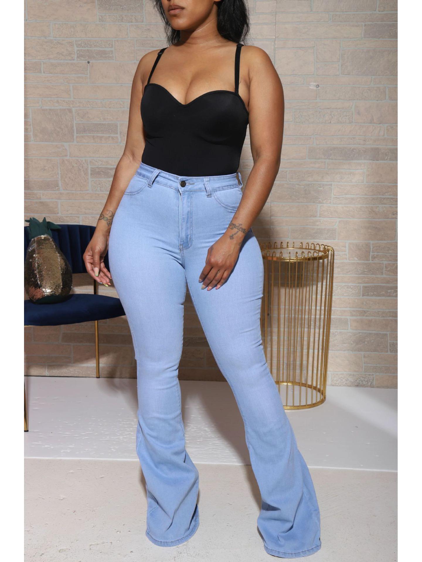 

Жіночі джинсові штани кльош з високою посадкою - Доступні великі розміри 3XL світло-синій колір