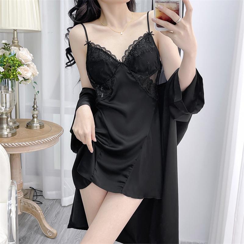 Damen 2-teiliges Bademantel-Set Stickerei Blume Nachthemd Dessous Sexy Spitze Rückenfrei Nachtkleid Nachtwäsche Locker Satin Bademantel Hauskleid
