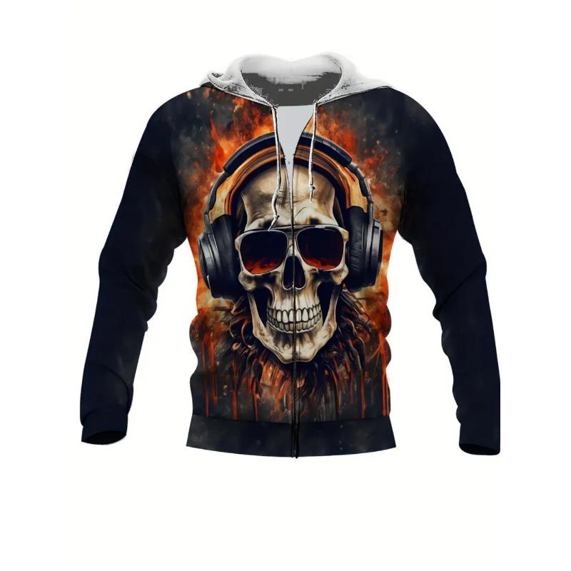 Men's Fashion Skull 3D Print Zipper Pocket Hoodie Clothing Spring Autumn Casual Sports Oversize Long Sleeve Sweatshirt Tops