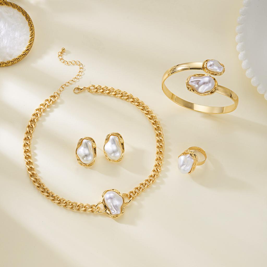 Vintage Baroque Pearl Jewelry Set for Women Fashion Metal Chunky Chain Short Necklace Stud Earrings Open Cuff Bracelet and Ring