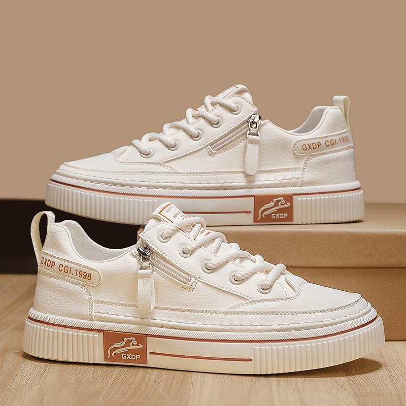 White Leather Sneakers Thick Bottom Casual Flats Anti Slip Outdoor Walking Sports Board Vulcanized Street Skate Shoe Lace-up