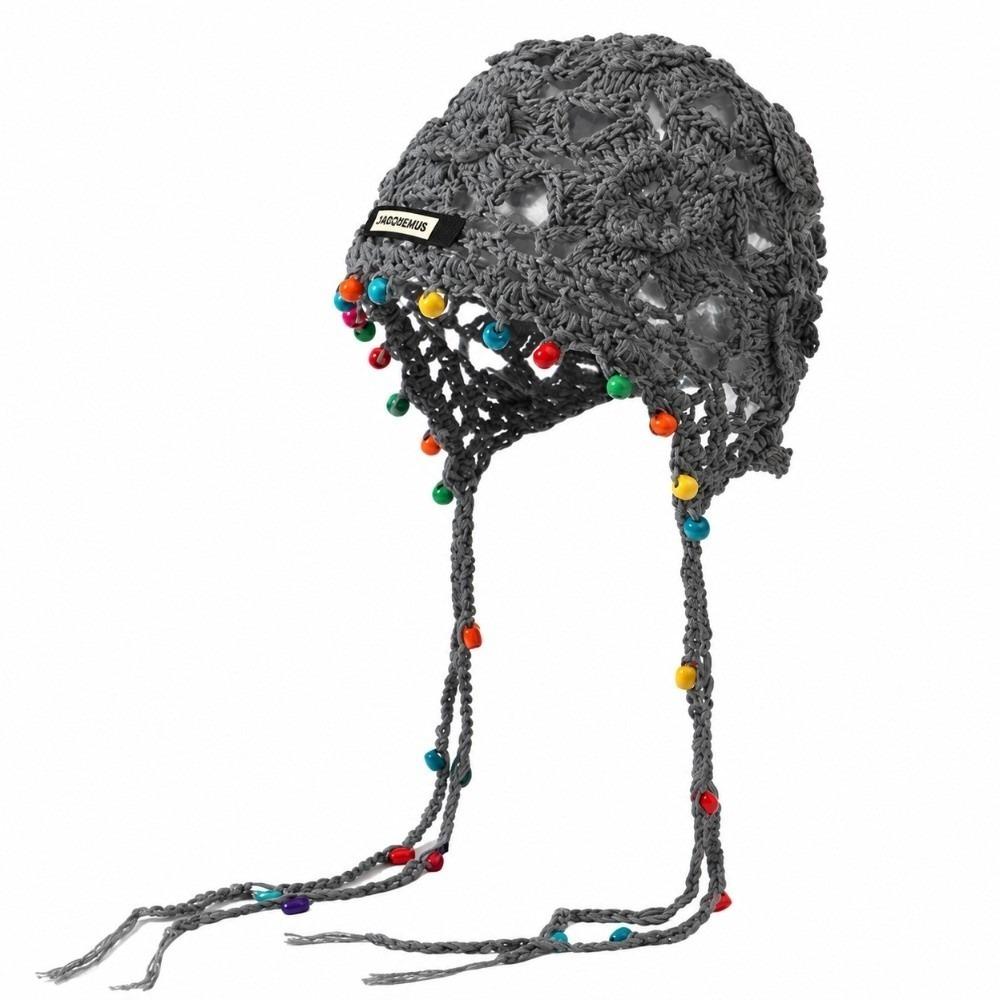 Openwork Crochet Knitted Beanie Color Bead Tassel Ethnic Beanie Crochet Headwrap Bohemian Styling