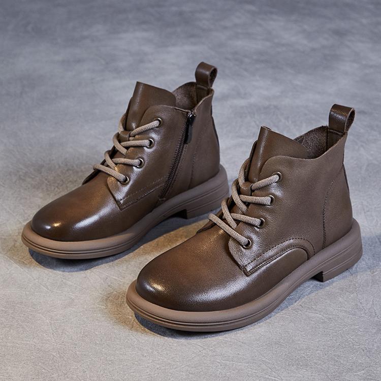 Johnature Botas de couro genuíno estilo britânico com cadarço e sola macia, botas curtas, sapatos femininos de cor sólida