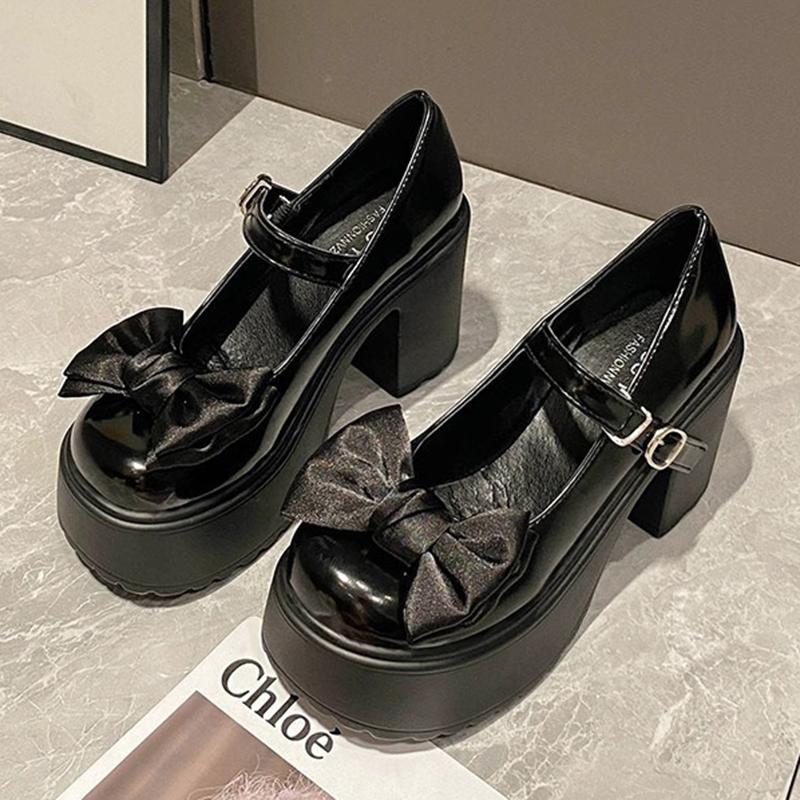 White Round Toe Platform High Heels Women Mary Jane Shoes Retro Bows Elegant Pumps Chunky Heel Spring Women's Wedding Shoes