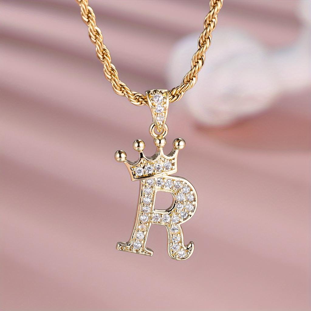 1 Pc Golden Color 26 English Letter Princess Crown Necklace Pendant Wedding Band Jewelry Valentine's Day Gift