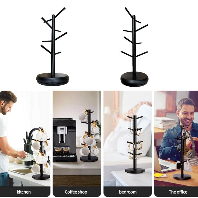 Modern Black Bamboo Mugs Tree Stand With 8 Hanging Hook, Space Saving Coffee Cup Organizers
