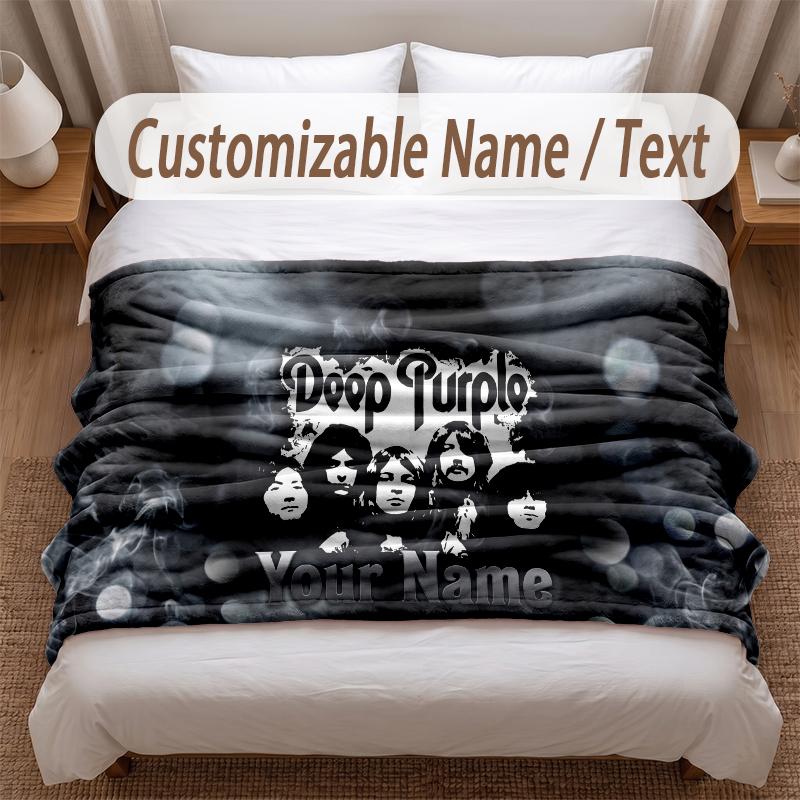 Deep Purple Printed Flannel Blanket Custom Name Text Soft Warm Throw For Bedroom Holiday Gift