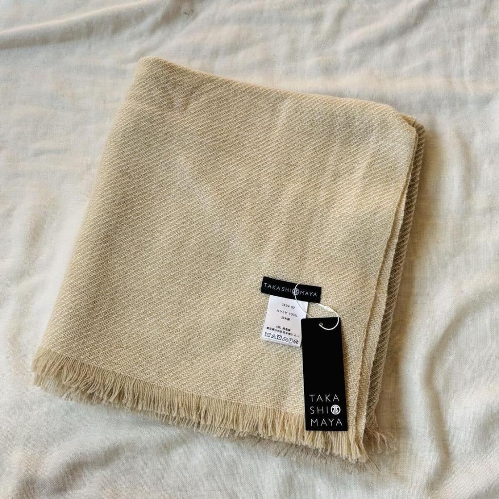 Used Takashimaya 100% Cashmere Stole, Made in Japan, Planned and Developed Product, Beige Brown