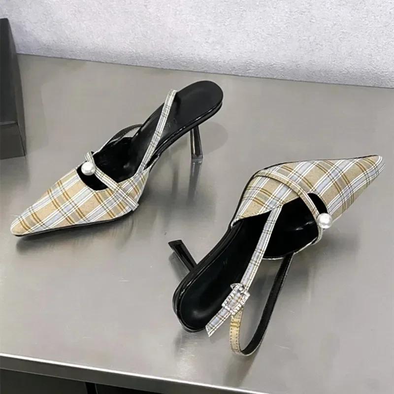 Fashion Retro Plaid Design High Heels Women Summer Elegant Slingbacks Heeled Sandals Sexy Pointed Toe Women Pumps Sandalias De Mujer