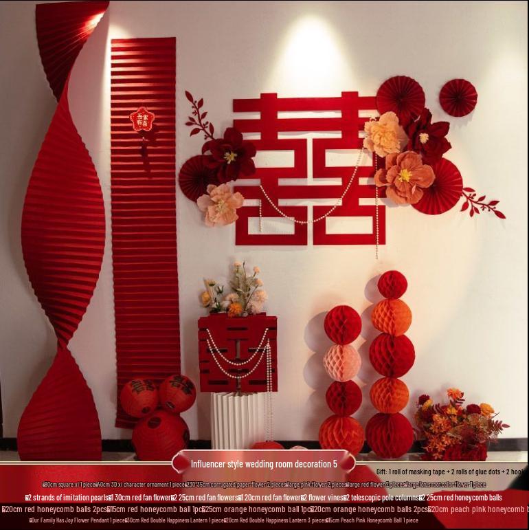 3D Floral Wedding Decor Set: Paper Flowers & Double Happiness Wall Stickers for Bedroom & Living Room