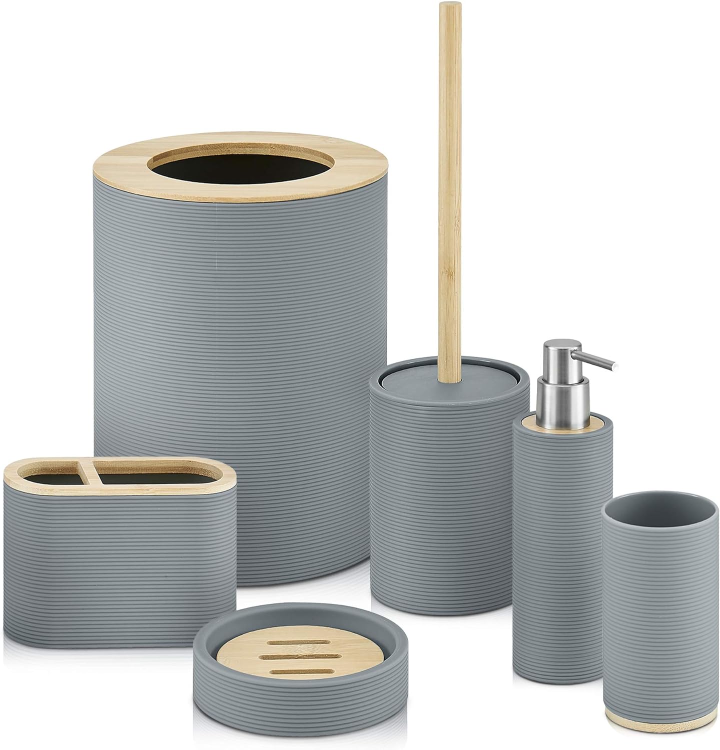 Набор аксессуаров для раковины для ванной комнаты из 6 предметов с бамбуковой отделкой — современный органайзер для туалетного столика — стакан, держатель для зубной щетки и туалетной щетки Ribbed - Grey