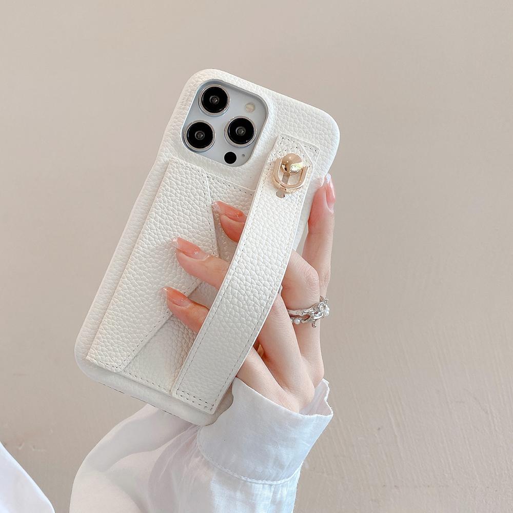 For iPhone 15 Pro Case with Card Slot Wristband Kickstand PU Leather+PET Phone Cover