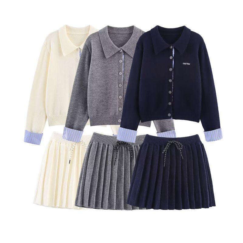 Kaslead New Women Clothes Western Style Fashion Simple Embroidered Knitted Long Sleeve Top Skirt Set