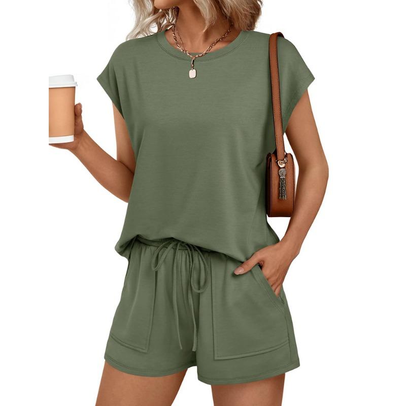 Women's 2 Piece Outfit Cap Sleeve Button Detail Top Drawstring Pocket Shorts Casual Loungewear Set