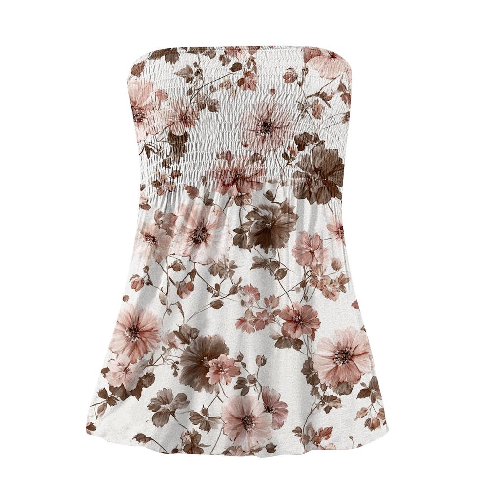 Women's Fashionable And Sexy Backless Elastic Floral Print Strapless Slimming T-shirt Top