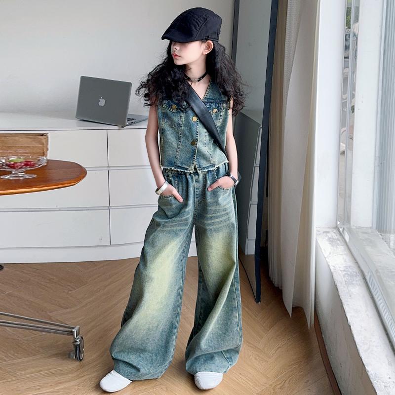 Hoge Mode Kinder Straatkleding Jeans Set voor Meisjes Casual Denim 2 Delig Pak Outfits Kinderen Trendy Y2K Hip Hop Straatkleding Set