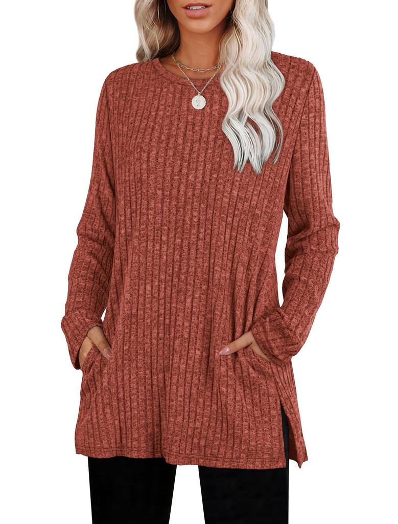 Women's Ribbed Knit Long Sleeve Tunic Top Crew Neck Side Split Casual Blouse With Pockets