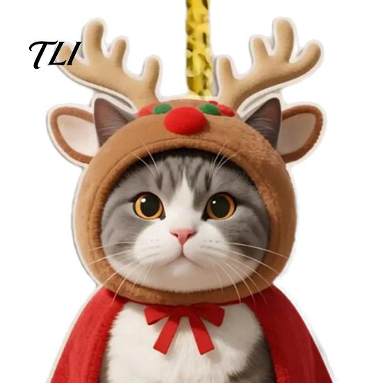Christmas Tree Ornaments Cat Ornament, 2D Flat Cartoon Acrylic Kitten Wearing Cape And Festive Car Rearview Mirror Charms Hat Hanging Decoration